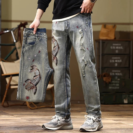 Herren-Jeans aus besticktem, geradem Stretch-Denim