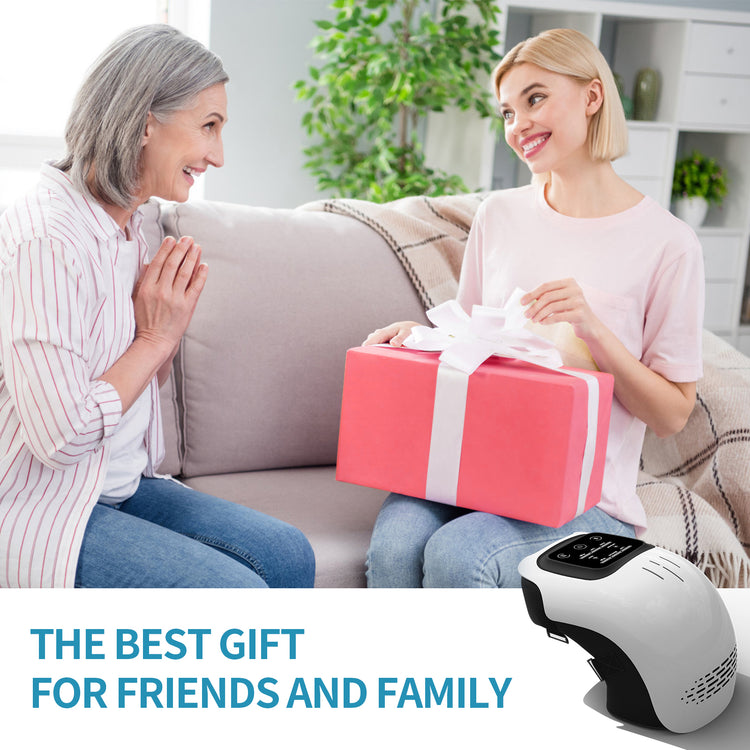 Bucciato intelligent knee massager with heating, infrared, laser, and vibration features for pain relief, shown on a person&
