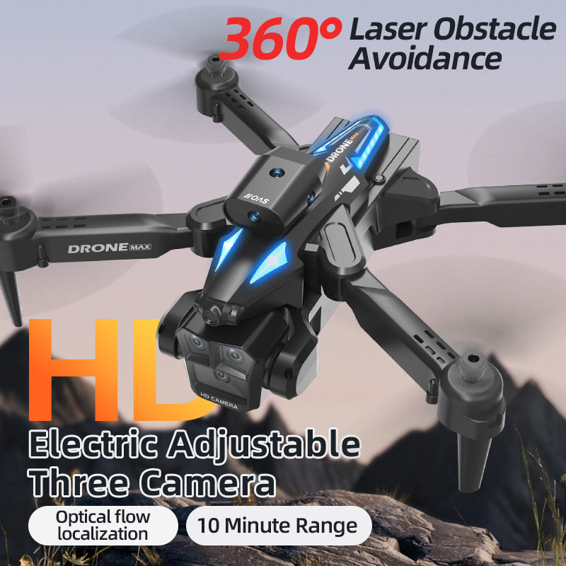 Black C10 three-camera foldable aerial drone with remote control, designed for high-quality aerial photography and videography.