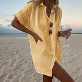 Women’s casual loose-fit cotton-linen short-sleeve top in solid color, stylish and comfortable for everyday wear.