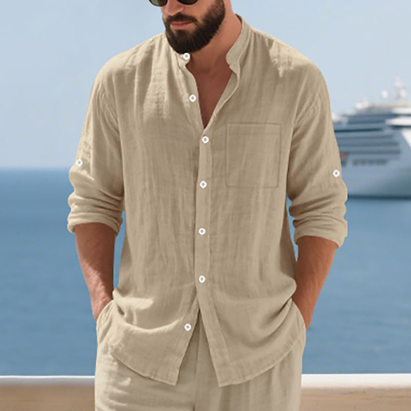 Breathable Linen Men's Button-Up Stand-Collar Long-Sleeve Shirt