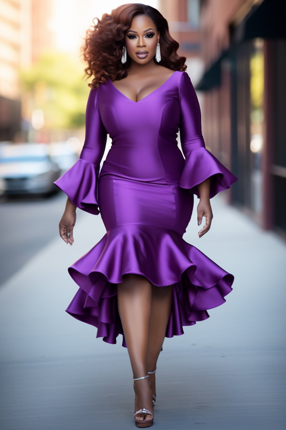 Womens Flared Sleeve Long-Sleeve V-Neck Plus-Size Dress