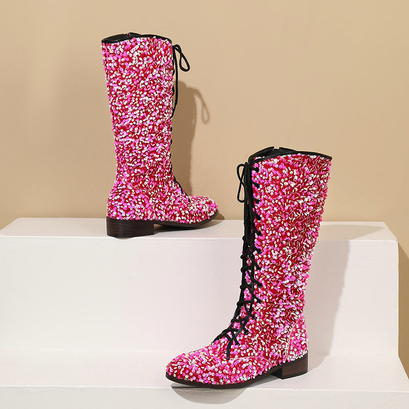 Glittery round-toe mid-heel over-the-knee boots with front lacing, women&