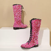Glittery round-toe mid-heel over-the-knee boots with front lacing, women&