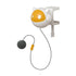 Lifting Electric Cat Toy in white plastic with a yellow face panel, clamp mount, black cord and gray pom-pom lure