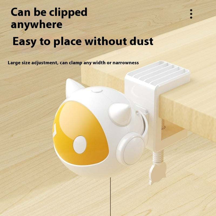 Lifting Electric Cat Toy in white and yellow ABS, with a cat-shaped body, adjustable clamp and hanging teaser cord
