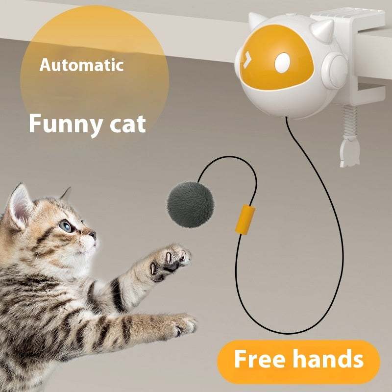 Lifting Electric Cat Toy in white and yellow ABS, with a cat-shaped clamp body and dangling gray pompom
