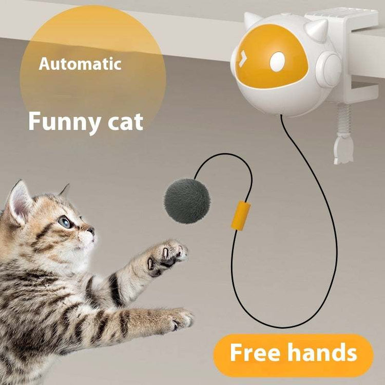 Lifting Electric Cat Toy in white and yellow ABS, with a cat-shaped clamp body and dangling gray pompom