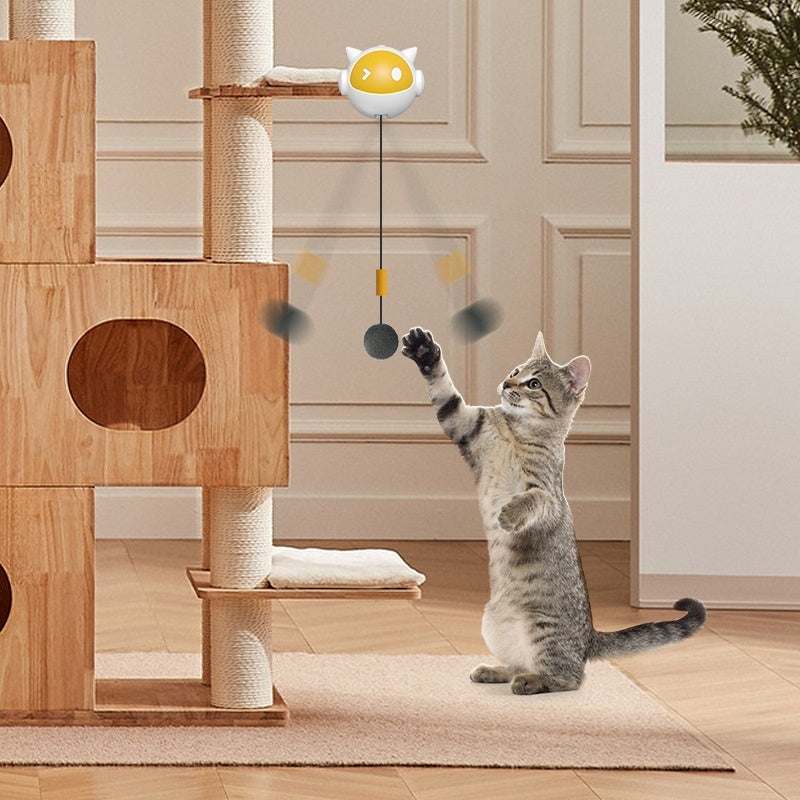 Lifting Electric Cat Toy in white and yellow plastic, with a cat-shaped unit, telescopic cord and dangling grey ball