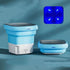 Mini Compact Portable Stack Washing Machine in blue and white plastic, shown expanded and folded with dark lids