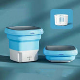 Mini Compact Portable Stack Washing Machine in blue and white plastic, shown expanded, folded flat and with drain basket