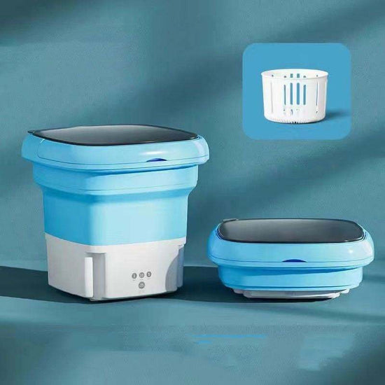 Mini Compact Portable Stack Washing Machine in blue and white plastic, shown expanded, folded flat and with drain basket