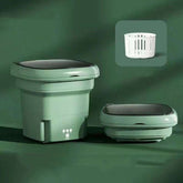 Mini Compact Portable Stack Washing Machine in mint green plastic, shown expanded and folded with white drain basket