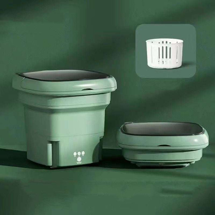 Mini Compact Portable Stack Washing Machine in mint green plastic, shown expanded and folded with white drain basket